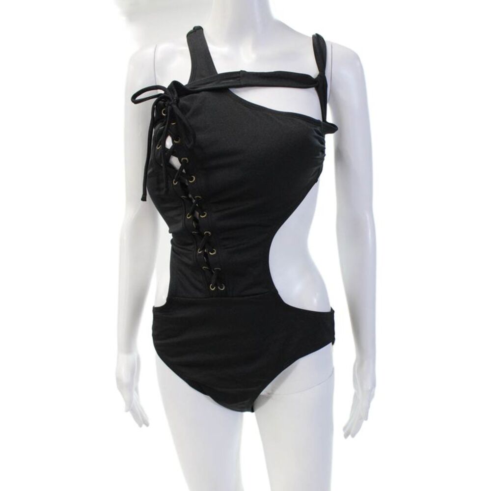 Ashley Graham x Swimsuits for All Womens Lace Up One Piece Swim Black Sz 12